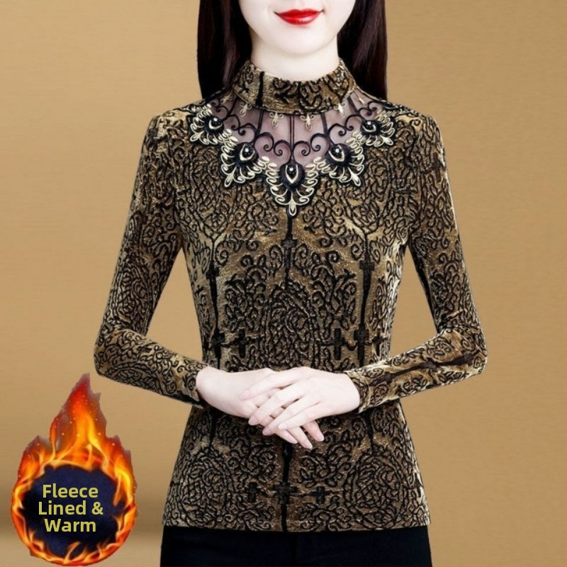 Dámska sieťovaná košeľa, jeseň a zima 2024, nová, s flísovou podšívkou, zahustený, slim top pre väčšie veľkosti