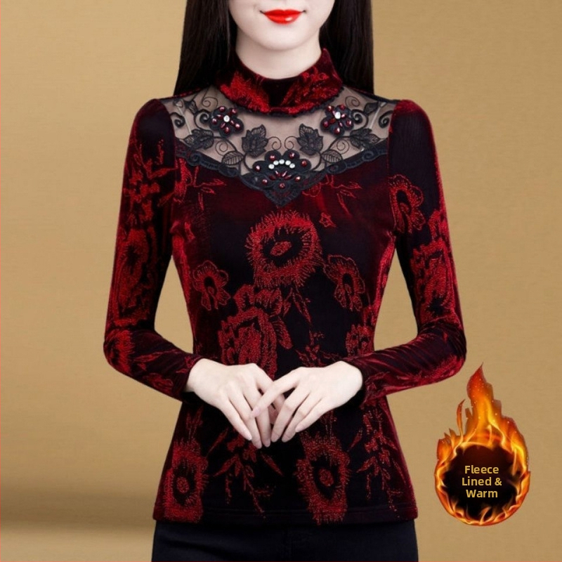 Dámska sieťovaná košeľa, jeseň a zima 2024, nová, s flísovou podšívkou, zahustený, slim top pre väčšie veľkosti