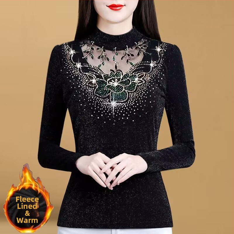 Dámska sieťovaná košeľa, jeseň a zima 2024, nová, s flísovou podšívkou, zahustený, slim top pre väčšie veľkosti