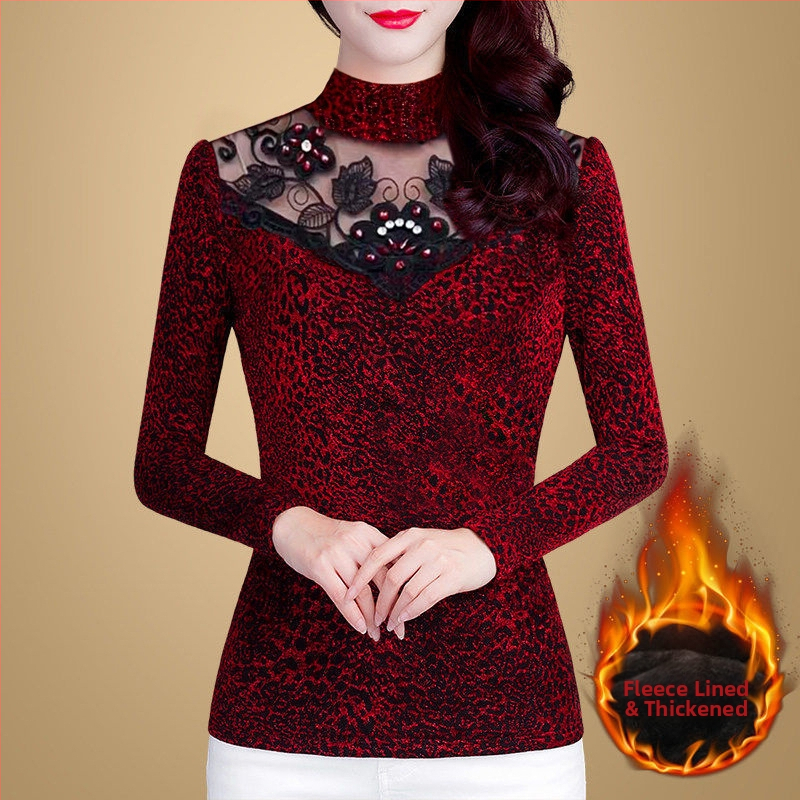 Dámska sieťovaná košeľa, jeseň a zima 2024, nová, s flísovou podšívkou, zahustený, slim top pre väčšie veľkosti