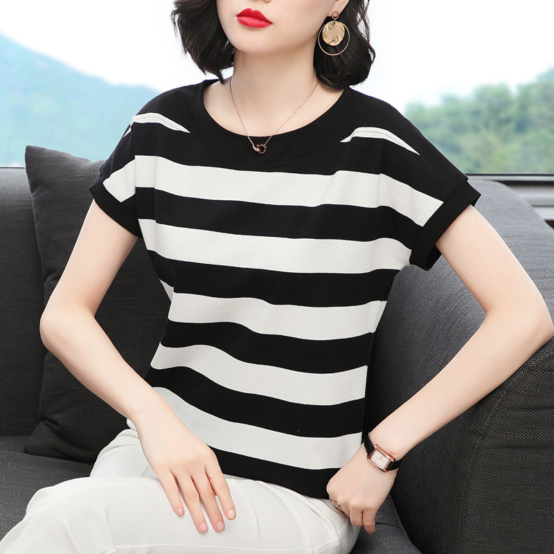 Vasariniai nauji juodai balti dryžuoti laisvi trumpomis rankovėmis medvilniniai marškinėliai