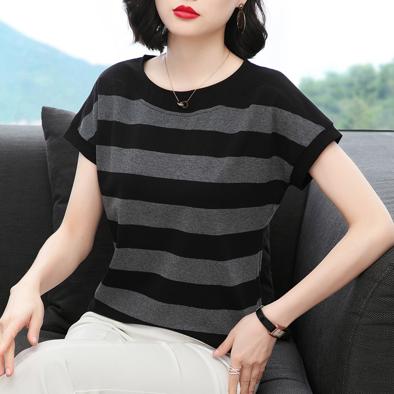 Vasariniai nauji juodai balti dryžuoti laisvi trumpomis rankovėmis medvilniniai marškinėliai