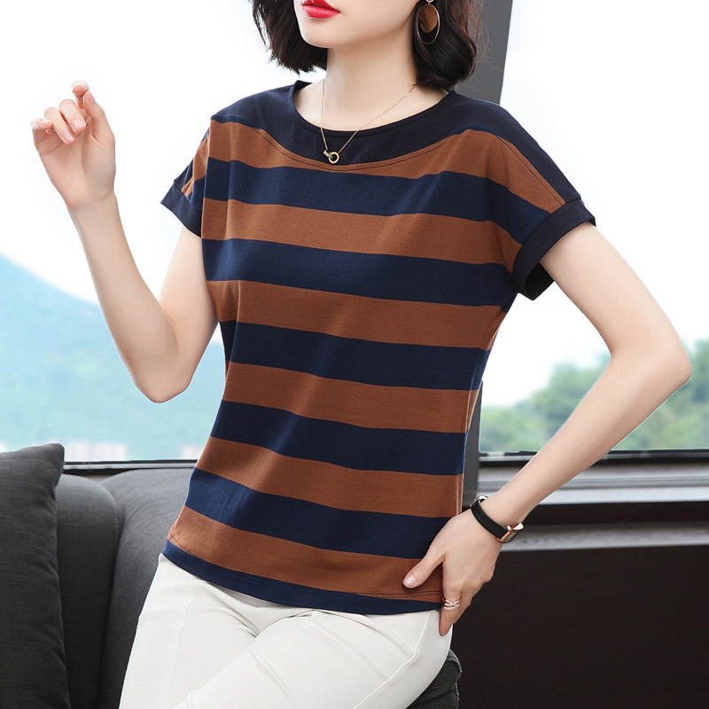 Vasariniai nauji juodai balti dryžuoti laisvi trumpomis rankovėmis medvilniniai marškinėliai