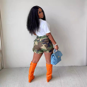 2107 pantaloni scurți transfrontalieri europeni și americani Amazon 2023 pentru femei, de vară, cu imprimeu de camuflaj, cusături și patch-uri