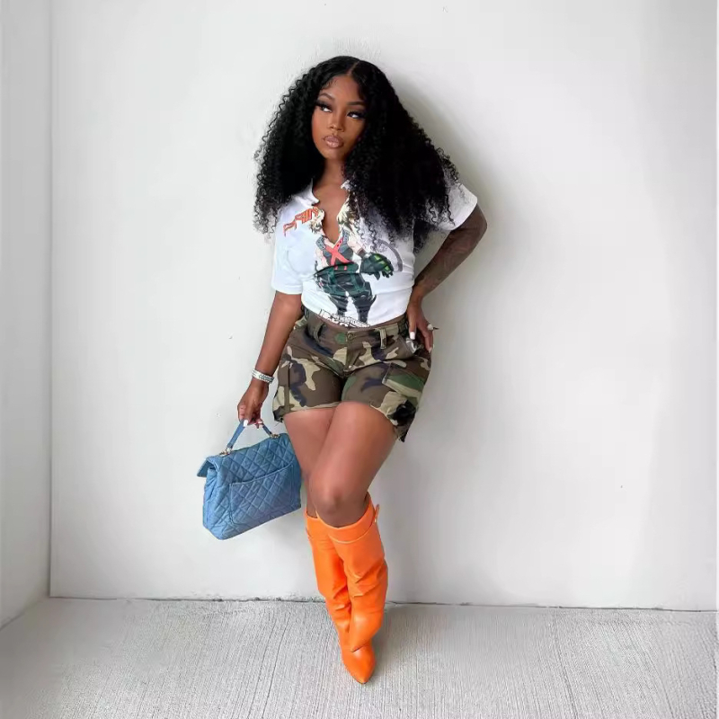 2107 pantaloni scurți transfrontalieri europeni și americani Amazon 2023 pentru femei, de vară, cu imprimeu de camuflaj, cusături și patch-uri