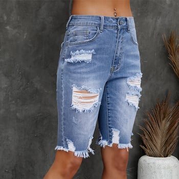 Dámske letné rifle Independent Station Cross-border Ripped Slim-fit so stredným pásom, nové vyprané, s roztrhaným strihom a švom 783874