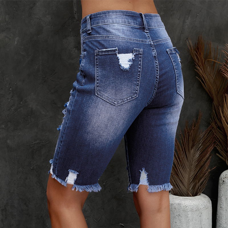 Dámske letné rifle Independent Station Cross-border Ripped Slim-fit so stredným pásom, nové vyprané, s roztrhaným strihom a švom 783874