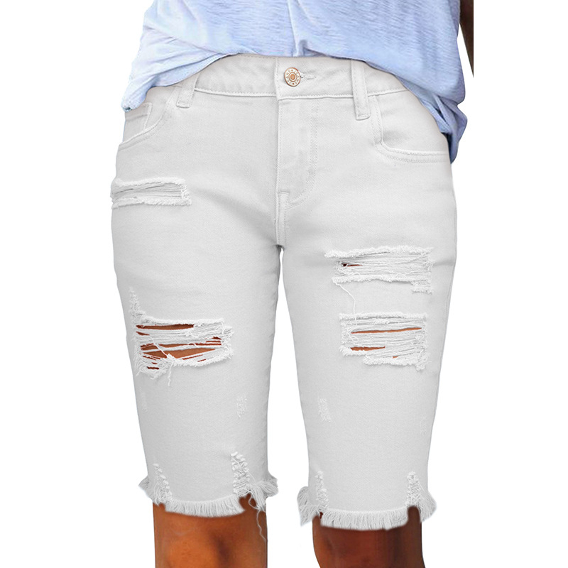 Dámske letné rifle Independent Station Cross-border Ripped Slim-fit so stredným pásom, nové vyprané, s roztrhaným strihom a švom 783874