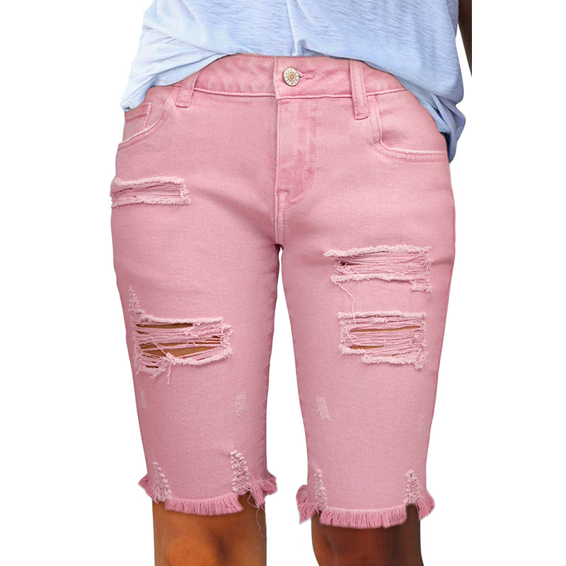 Dámske letné rifle Independent Station Cross-border Ripped Slim-fit so stredným pásom, nové vyprané, s roztrhaným strihom a švom 783874