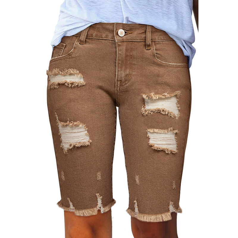 Dámske letné rifle Independent Station Cross-border Ripped Slim-fit so stredným pásom, nové vyprané, s roztrhaným strihom a švom 783874