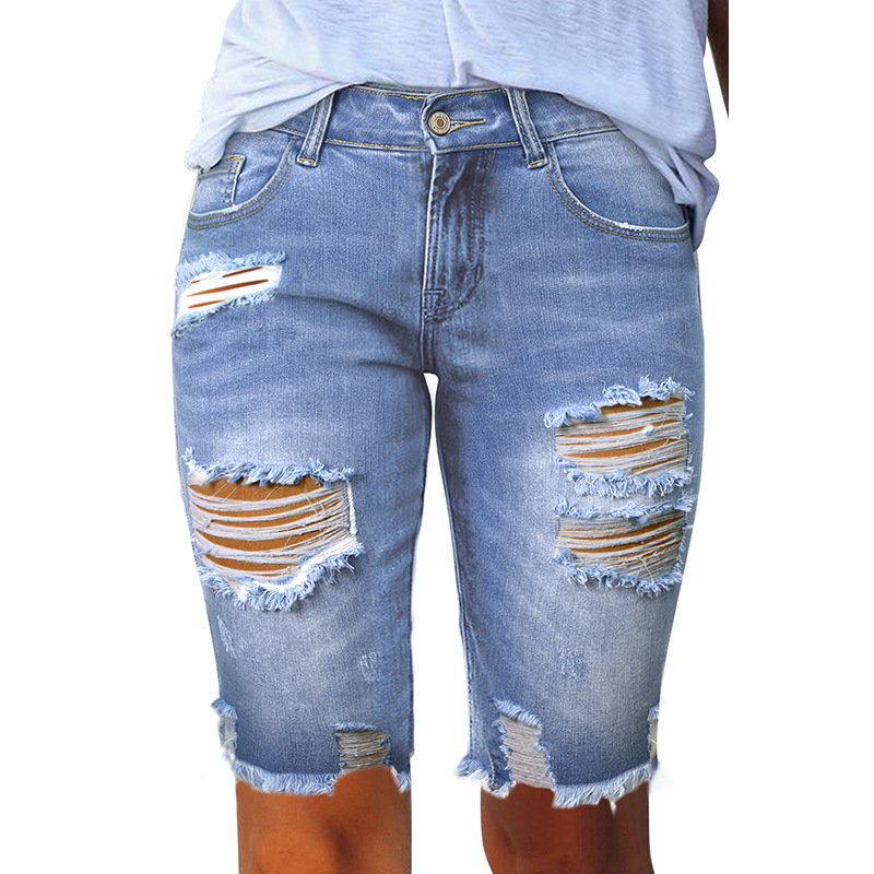 Dámske letné rifle Independent Station Cross-border Ripped Slim-fit so stredným pásom, nové vyprané, s roztrhaným strihom a švom 783874