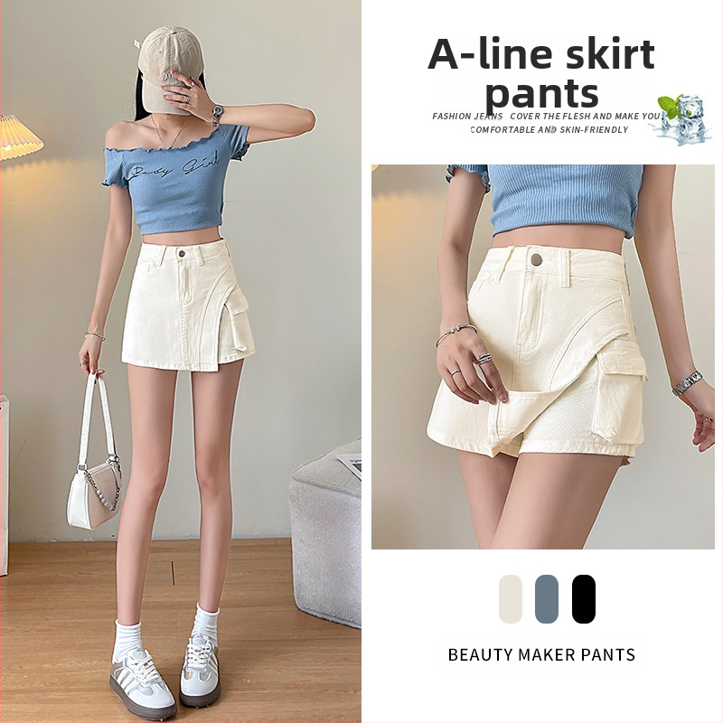 Dámska biela džínsová sukňa, letná tenká, nepravidelná, strečová, pracovná sukňa, dizajn, culottes, nohavice, šortky, dámske