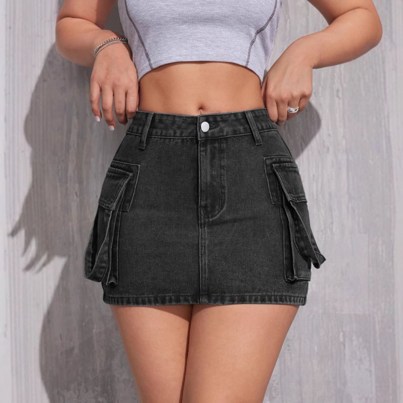 Fustă scurtă cu talie înaltă pentru femei, stil american de primăvară, cu buzunar dublu și clapă, sexy, care acoperă șoldurile, Amazon, blugi din denim Y2K