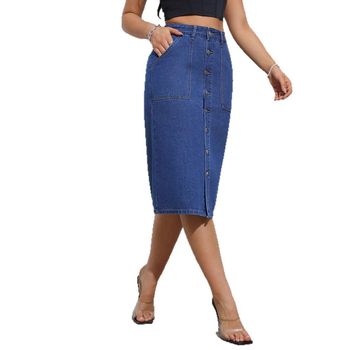 Φούστα τζιν με ψηλή μέση, εφαρμοστή εφαρμογή, ελαστική, μεσαίου μήκους, λεπτό τελείωμα πάνω από το γόνατο, με ένα βήμα που αγκαλιάζει τους γοφούς