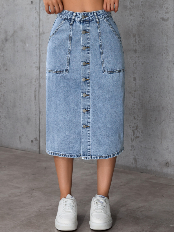 Uska rastezljiva traper suknja srednje duljine s visokim strukom i prorezom iznad koljena, za mršavljenje i usku suknju koja obujmi bokove.