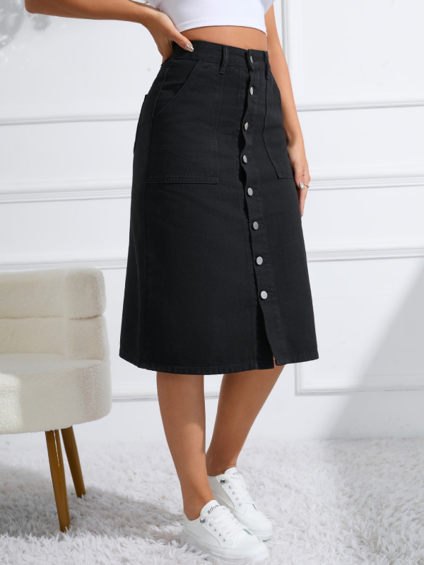 Uska rastezljiva traper suknja srednje duljine s visokim strukom i prorezom iznad koljena, za mršavljenje i usku suknju koja obujmi bokove.