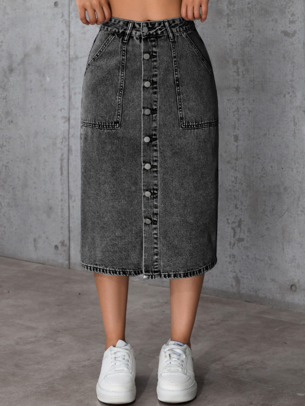 Uska rastezljiva traper suknja srednje duljine s visokim strukom i prorezom iznad koljena, za mršavljenje i usku suknju koja obujmi bokove.