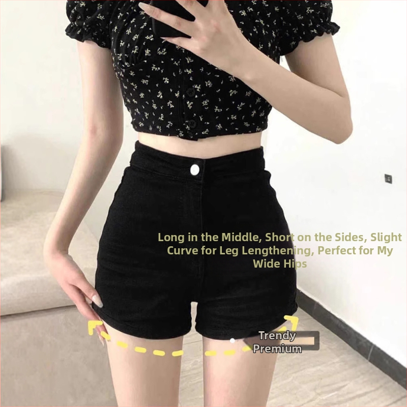 Pantaloni scurți negri pentru femei, îmbrăcăminte exterioară, blugi skinny cu talie înaltă, model nou, pantaloni scurți de șold, pantaloni scurți de talie înaltă