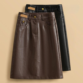 Γυναικεία Δερμάτινη Φούστα 2024 Νέα Άνοιξη και Φθινόπωρο 2024 Ψηλόμεση Λεπτή Φούστα από PU Δέρμα μεσαίου Μήκους Ίσια Πολυχρηστική Γυναικεία Φούστα