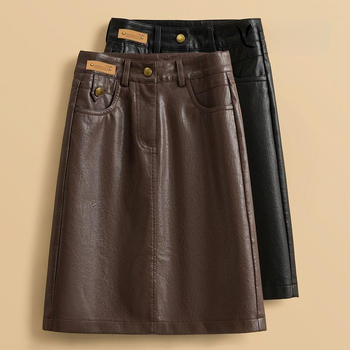 Γυναικεία Δερμάτινη Φούστα 2024 Νέα Άνοιξη και Φθινόπωρο 2024 Ψηλόμεση Λεπτή Φούστα από PU Δέρμα μεσαίου Μήκους Ίσια Πολυχρηστική Γυναικεία Φούστα