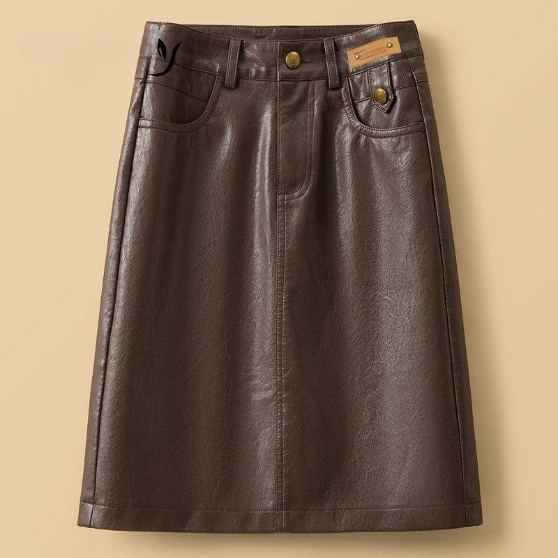 Kožna suknja za žene, nova proljetna i jesenska 2024., visoki struk, uska ravna suknja od umjetne kože srednje duljine, svestrana ženska suknja
