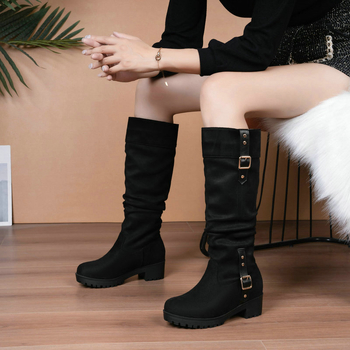 Cizme înalte pentru femei, cizme din piele întoarsă, vârf rotund, toc gros, toc mediu, cataramă cu curea, cizme până la genunchi pentru femei, cizme Knight, cizme înalte pentru femei