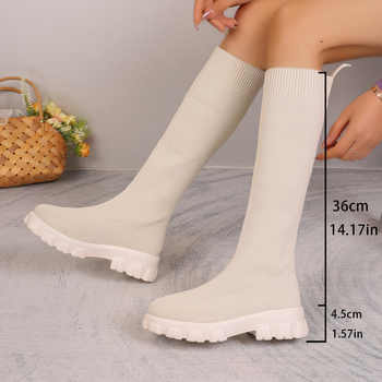 Șosete de damă cu toc gros și vârf rotund, mărime mare, export transfrontalier, țesute până la jumătatea gambei, pentru femei, toamna și iarna 2024, modă europeană și americană, cizme cu toc gros și vârf rotund