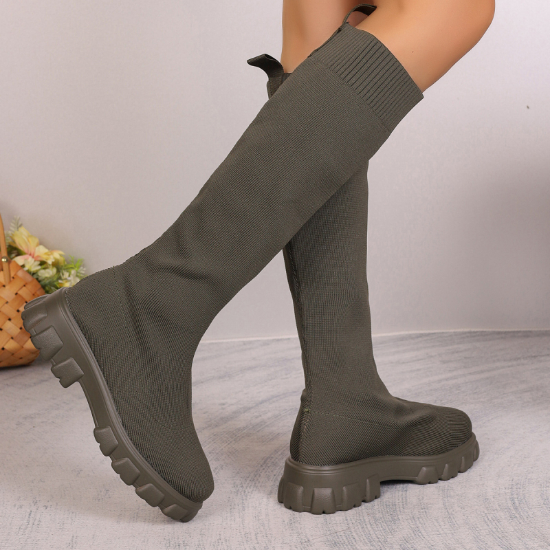 Șosete de damă cu toc gros și vârf rotund, mărime mare, export transfrontalier, țesute până la jumătatea gambei, pentru femei, toamna și iarna 2024, modă europeană și americană, cizme cu toc gros și vârf rotund