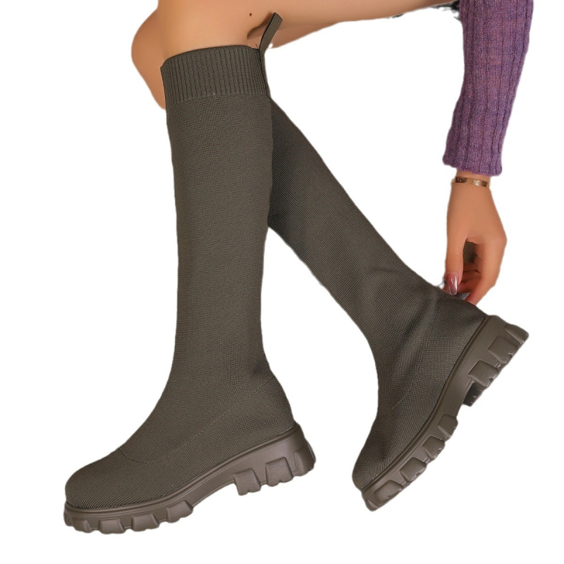 Șosete de damă cu toc gros și vârf rotund, mărime mare, export transfrontalier, țesute până la jumătatea gambei, pentru femei, toamna și iarna 2024, modă europeană și americană, cizme cu toc gros și vârf rotund
