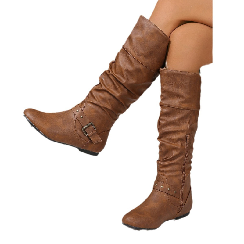 Cizme de damă până la jumătatea gambei, mărime mare, cu fermoar lateral, cizme cu scame plisate, nituri plate, cizme western, cizme de cavaler cowboy, stil retro