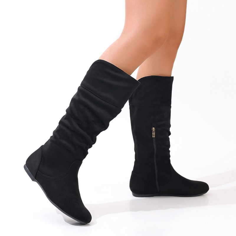 Cizme de damă până la jumătatea gambei, mărime mare, cu fermoar lateral, cizme cu scame plisate, nituri plate, cizme western, cizme de cavaler cowboy, stil retro