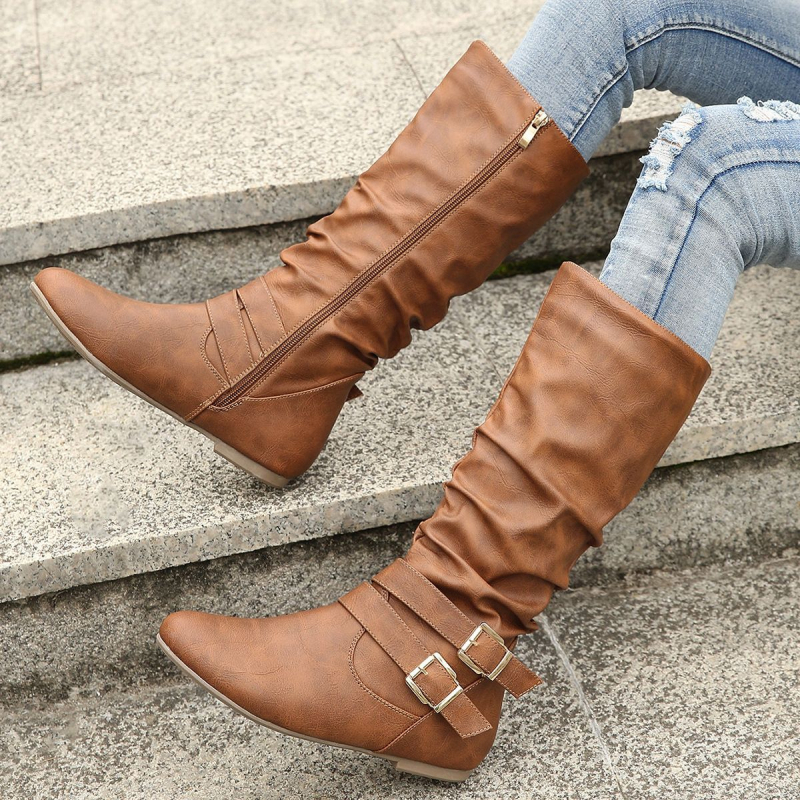 Cizme de damă până la jumătatea gambei, mărime mare, cu fermoar lateral, cizme cu scame plisate, nituri plate, cizme western, cizme de cavaler cowboy, stil retro