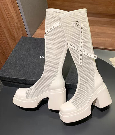 Cizme de damă simple și la modă în stil britanic, stil 2025, primăvara și vara, cu talpă groasă și toc gros, casual, lungi, din plasă