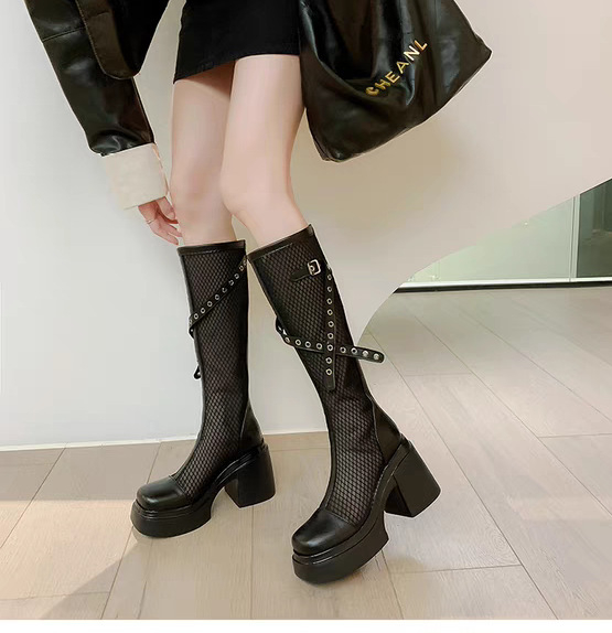 Cizme de damă simple și la modă în stil britanic, stil 2025, primăvara și vara, cu talpă groasă și toc gros, casual, lungi, din plasă