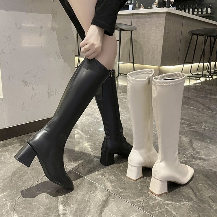 2024 Nové jesenné a zimné čižmy s hranatou špičkou a hrubým podpätkom, rytierske čižmy, vysoké trubicové úzke čižmy, elastické čižmy v kórejskom štýle s bočným zipsom, módne čižmy