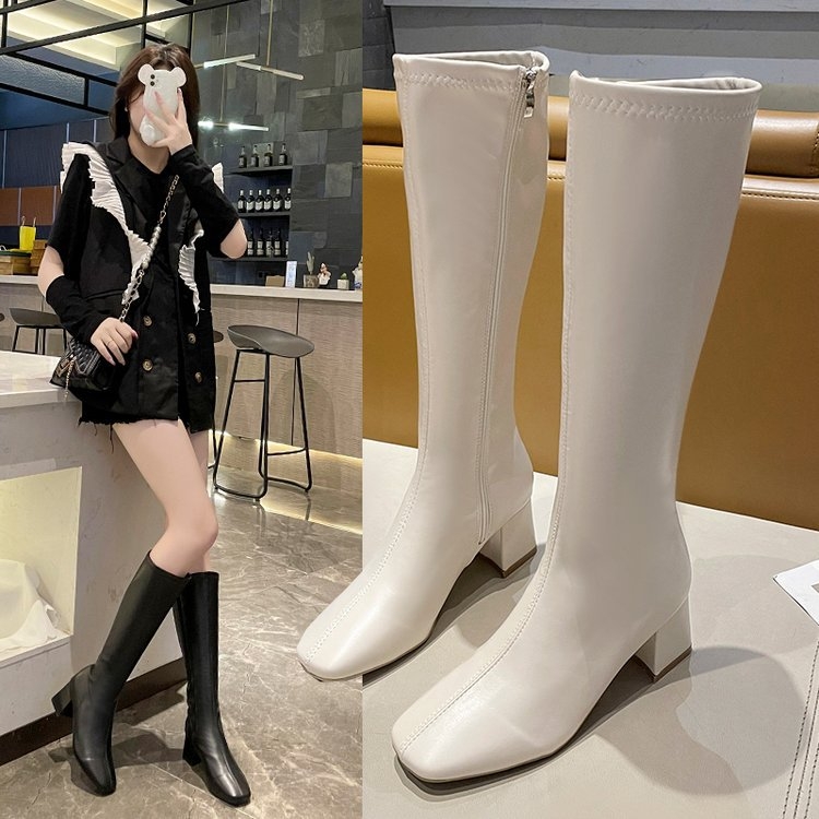 2024 Nové jesenné a zimné čižmy s hranatou špičkou a hrubým podpätkom, rytierske čižmy, vysoké trubicové úzke čižmy, elastické čižmy v kórejskom štýle s bočným zipsom, módne čižmy