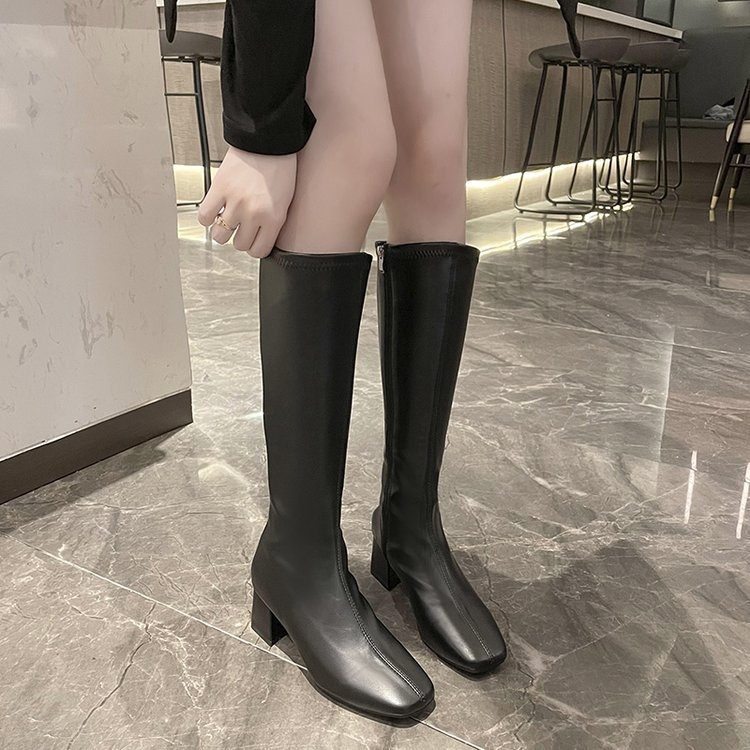 2024 Nové jesenné a zimné čižmy s hranatou špičkou a hrubým podpätkom, rytierske čižmy, vysoké trubicové úzke čižmy, elastické čižmy v kórejskom štýle s bočným zipsom, módne čižmy