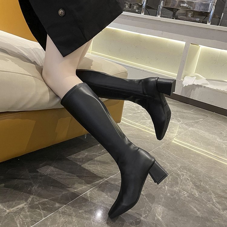 2024 Nové jesenné a zimné čižmy s hranatou špičkou a hrubým podpätkom, rytierske čižmy, vysoké trubicové úzke čižmy, elastické čižmy v kórejskom štýle s bočným zipsom, módne čižmy