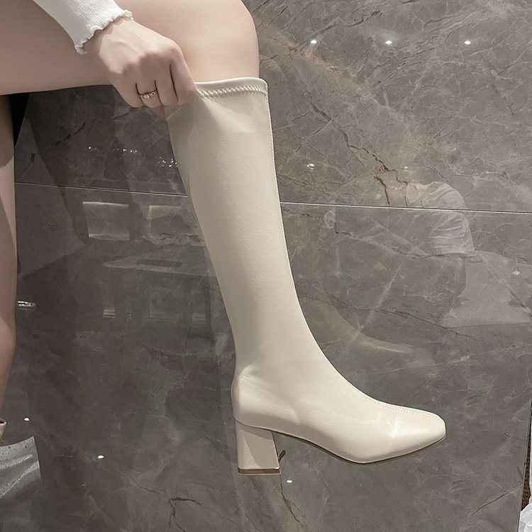 2024 Nové jesenné a zimné čižmy s hranatou špičkou a hrubým podpätkom, rytierske čižmy, vysoké trubicové úzke čižmy, elastické čižmy v kórejskom štýle s bočným zipsom, módne čižmy