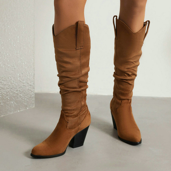 Cizme cu pliseuri, cizme pentru femei, cizme de cowboy western, toc înalt, mărime mare, cizme cu vârf ascuțit, cizme de cavaler, cizme înalte, cizme înalte