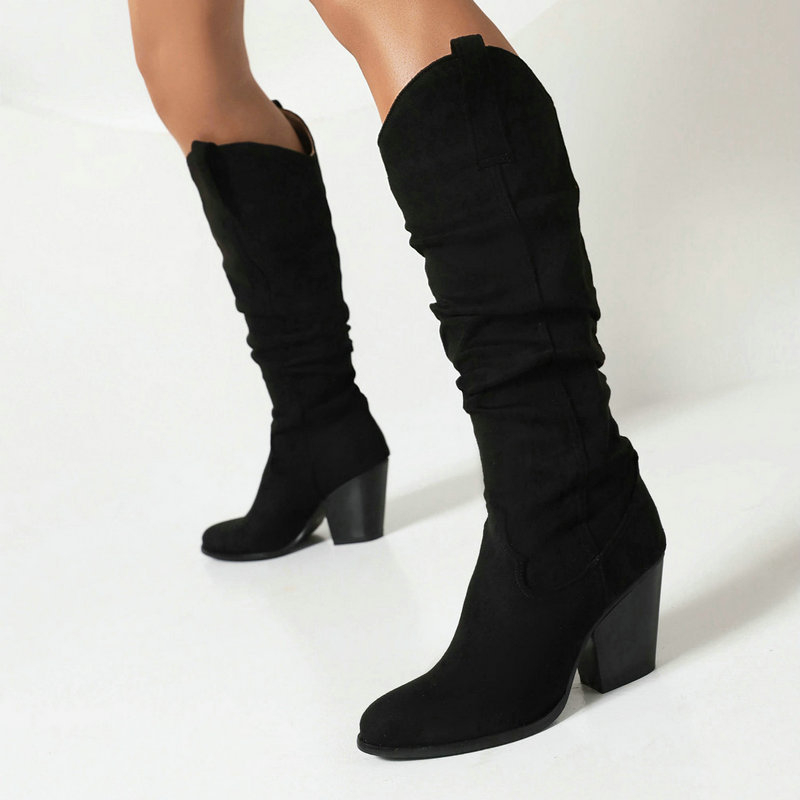 Cizme cu pliseuri, cizme pentru femei, cizme de cowboy western, toc înalt, mărime mare, cizme cu vârf ascuțit, cizme de cavaler, cizme înalte, cizme înalte