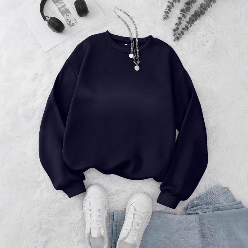 Hanorac cu maneci lungi și guler rotund, asortat, de culoare solidă, pentru toamnă și iarnă, îmbrăcăminte pentru femei, albastru deschis