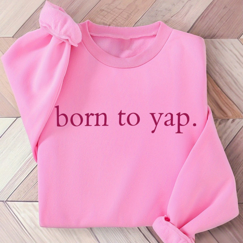 Pulover de damă din poliester cu inscripția „Born to Say”, cu guler rotund, material tricotat