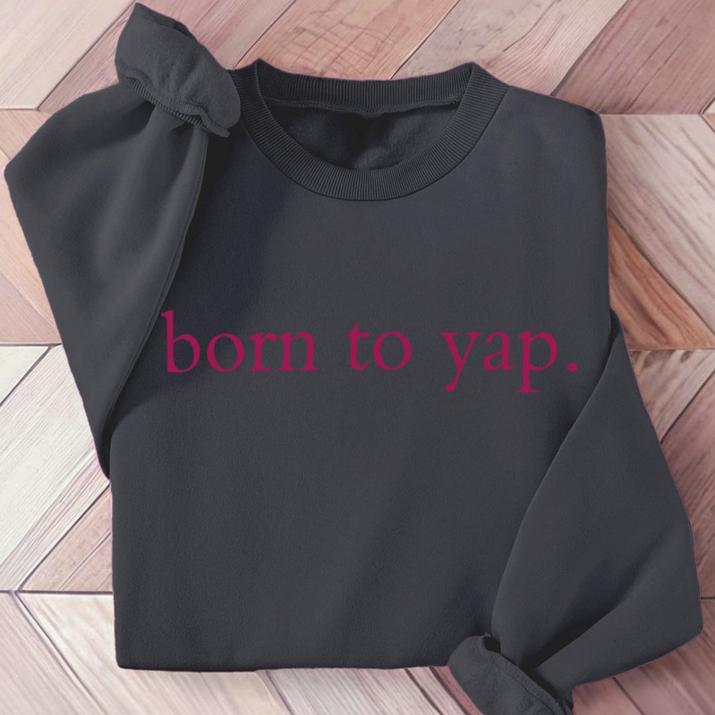 Pulover de damă din poliester cu inscripția „Born to Say”, cu guler rotund, material tricotat