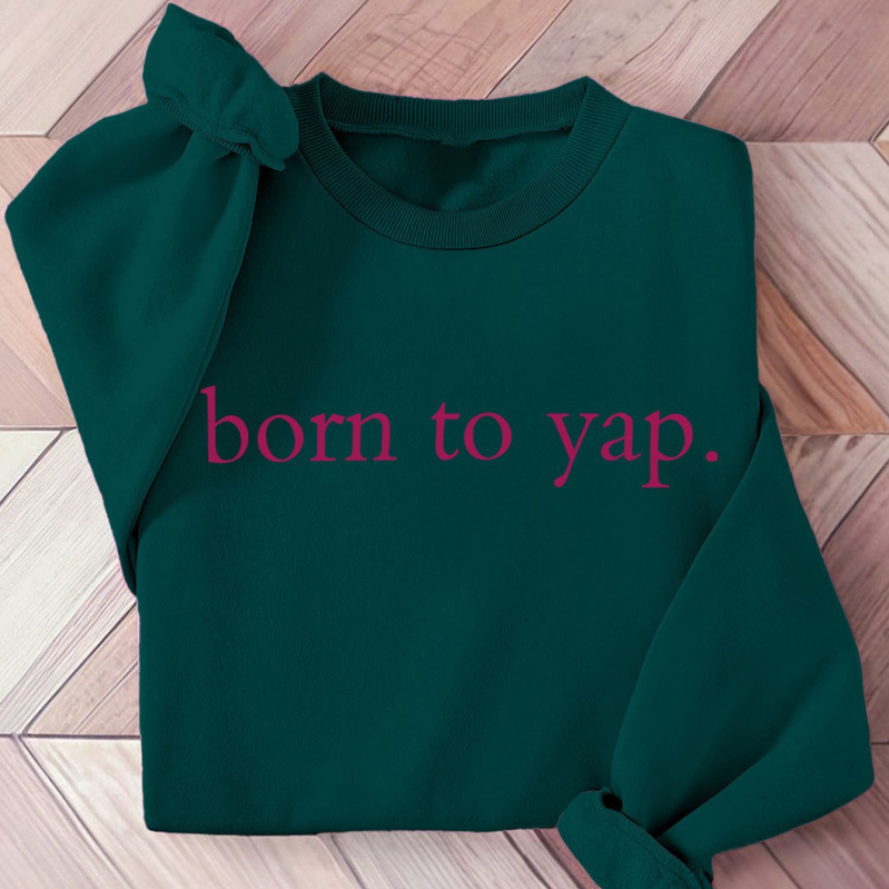 Pulover de damă din poliester cu inscripția „Born to Say”, cu guler rotund, material tricotat