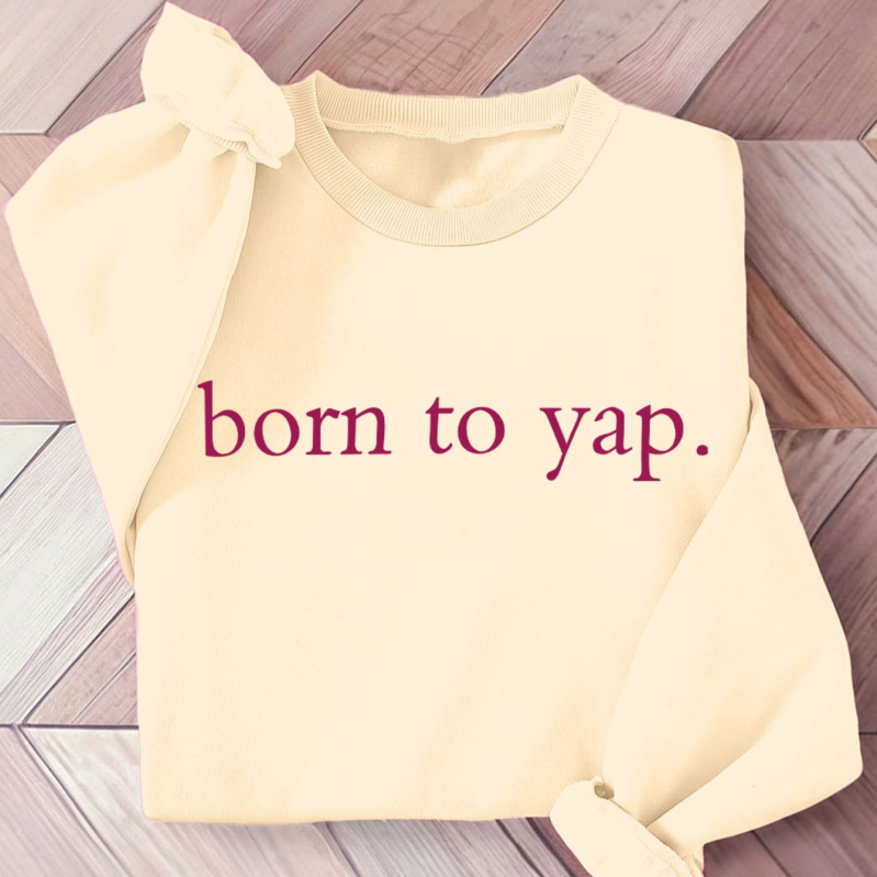 Pulover de damă din poliester cu inscripția „Born to Say”, cu guler rotund, material tricotat