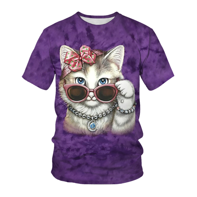Tricou de vară cu mânecă scurtă cu ochi de pisică, imprimare digitală 3D, guler rotund, mânecă jumătate lejeră, vânzare directă din fabrică