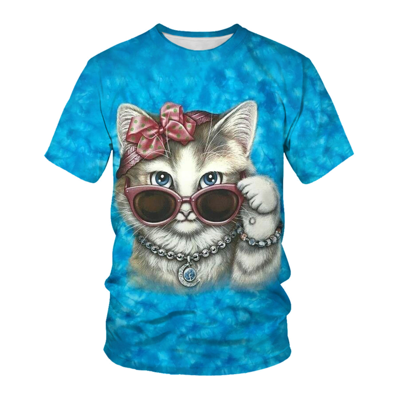 Tricou de vară cu mânecă scurtă cu ochi de pisică, imprimare digitală 3D, guler rotund, mânecă jumătate lejeră, vânzare directă din fabrică