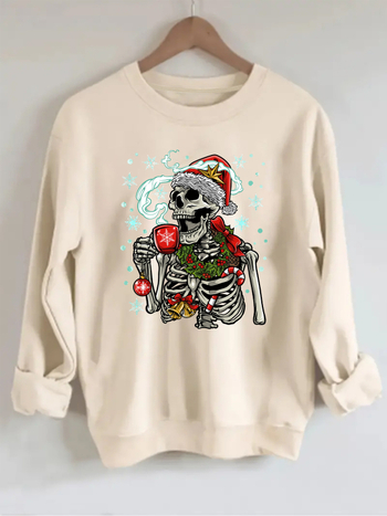 Dámsky vianočný sveter s potlačou lebky, okrúhlym výstrihom a dlhým rukávom, vhodný na jesenné a zimné obdobie, môže byť...