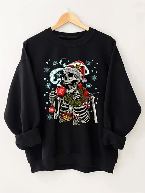 Dámsky vianočný sveter s potlačou lebky, okrúhlym výstrihom a dlhým rukávom, vhodný na jesenné a zimné obdobie, môže byť...
